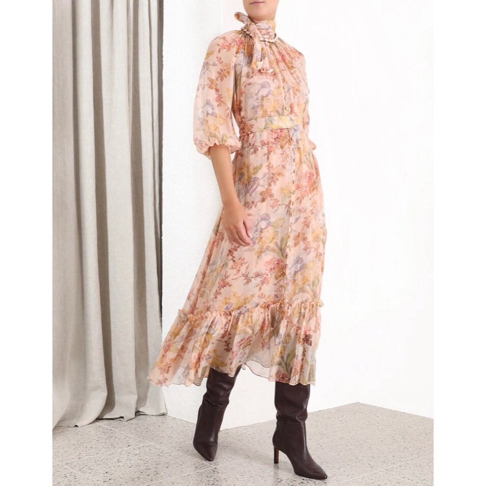 Zimmermann Tie Neck Silk Georgette Iris Midi Dress